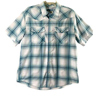 Magellan Shirt Mens Medium Blue Plaid Pearl‎ Snap Vented Outdoors Fish Wicking